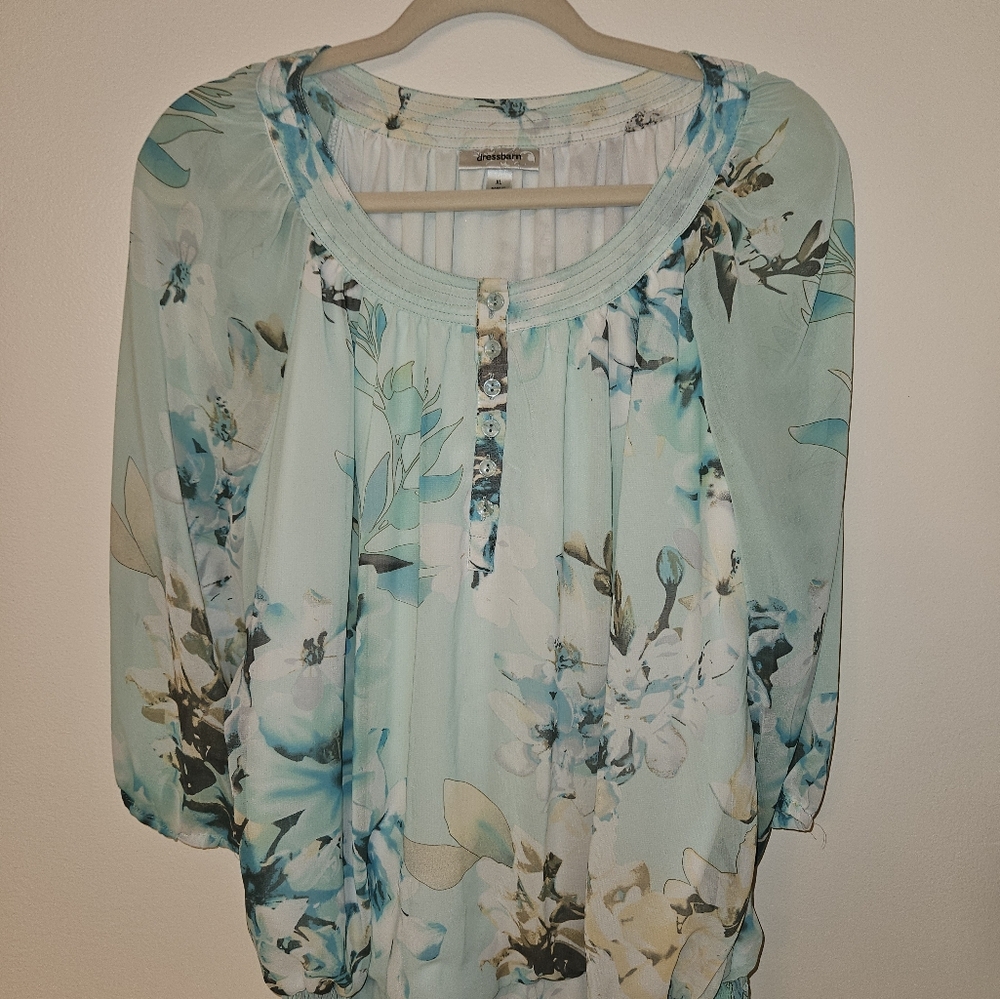 Dressbarn Floral Blouse - Aqua and Cream